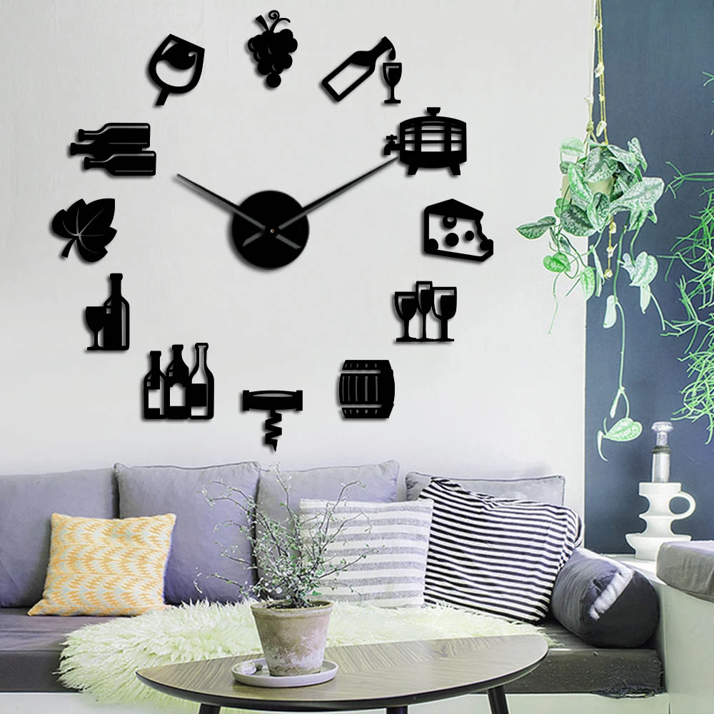 Grapes Wine Alcohol 3d Diy Wall Clock Quiet Sweep Wine Lover Kitchen Wall Decor Acrylic Mirror Effect Clock Watch Creative Show Wall Clocks Aliexpress
