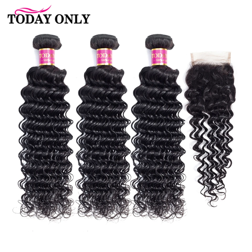 

TODAY ONLY Deep Wave Bundles With Closure Remy Human Hair 3 Bundles With Closure Malaysian Hair Bundles With 4x4 Lace Closure