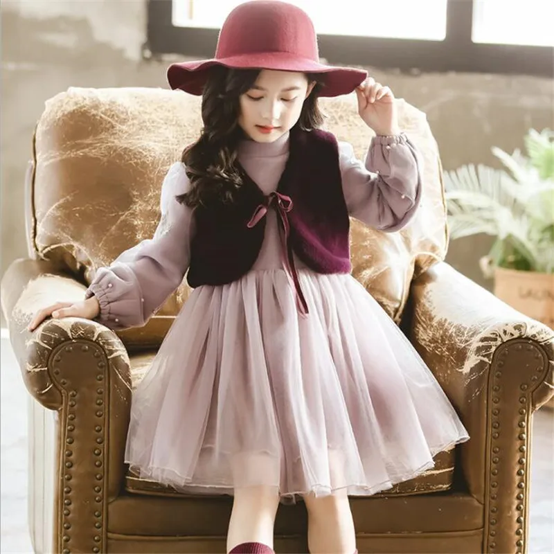

Child Girls Dresses Winter 2019 Long Sleeve Thick Plus Velvet Princess Dress with Vest Autumn Kids Clothing 4 5 6 7 8 9 Years