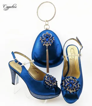 

Pretty Italian royal blue design high heel sandal shoes and handbag set with stones for lady QSL024 heel height 10cm