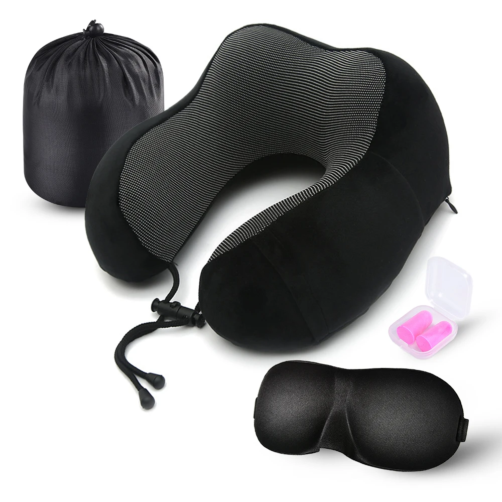 Urijk Подушка u-образной формы для путешествий с эффектом памяти, массажные подушки для шеи, постельные принадлежности, набор для путешествий с 3D масками для глаз, беруши, роскошная сумка - Цвет: Navy1