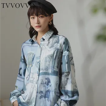 

Korea Pope Vintage Print Blue Long Sleeve Blouse Button Down Shirt Loose Top Lantern Sleeve Blouse Fall 2020 Clothing Z016