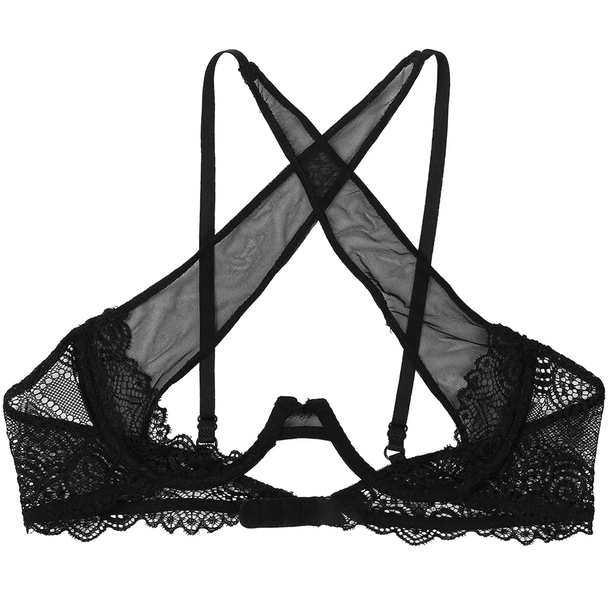 Womens See Through Sheer Mesh Lingerie Spaghetti Straps Crisscross Lace Trim Hollow Out Breast Uncderwired Cups Bra Top Braltte