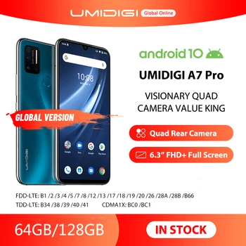 Перейти на Алиэкспресс и купить Смартфон UMIDIGI A7 Pro, глобальная версия, четыре камеры, Android 10, 6,3-дюймовый FHD + полноэкранный дисплей, 64 ГБ/128 Гб ПЗУ, LPDDR4X восемь ядер, в наличии