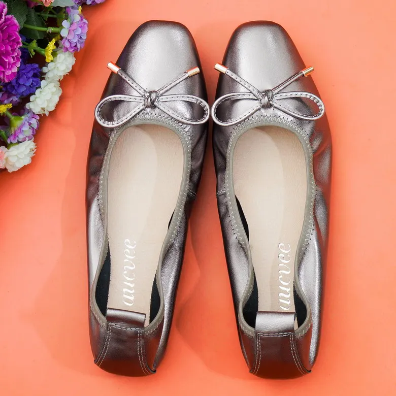 Тонкие туфли из натуральной кожи туфли с квадратным носком на плоской подошве женские туфли на мягкой подошве с бантом Большие размеры 34-43 - Цвет: gray 1