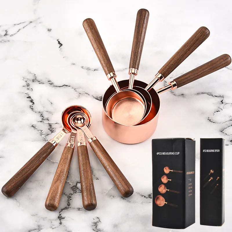 Walnut handle copper plating measuring cup measuring cup kitchen baking tool bartending scale measuring spoon set - Цвет: 8pcs