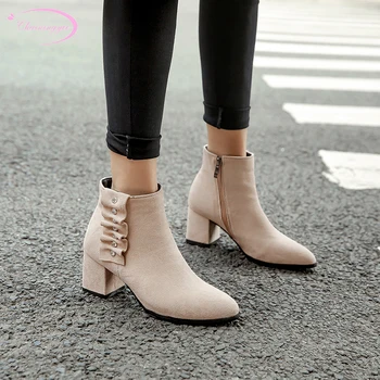 

Sweet party flock round toe ankle boots fashion crystal ruffles zipper beige black high-heeled chunky riding boots women's shoes