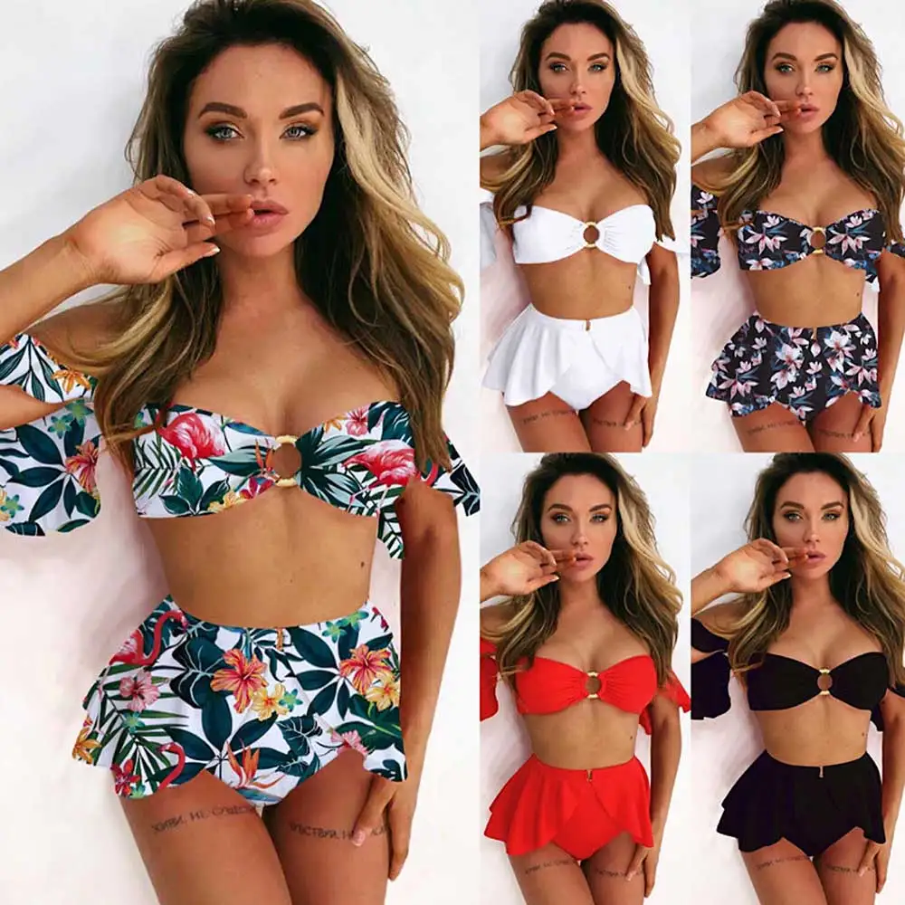 

Floral Print Bikini Solid High Waist Swimsuit Dress Swimwear Beacher Ruffle Bathing Suit Biquini 2020 Trajes De Bano Brazilian