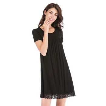 

Women Sexy Pajamas Solid Color Lace Stitching Short Sleeve Nightdress Lingerie Home Clothing Nightwear Black S