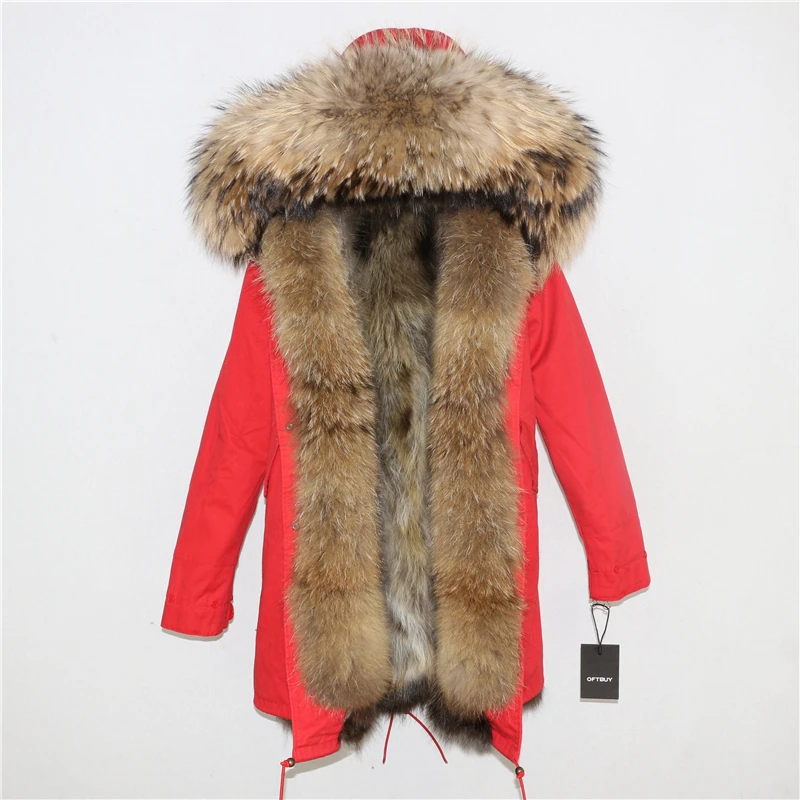 red natural E Женская парка на натуральном меху OFTBUY, черное пальто с натуральным лисьим мехом, с капюшоном с отделкой из меха енота, толстая теплая уличная одежда, зима - Цвет: red natural E