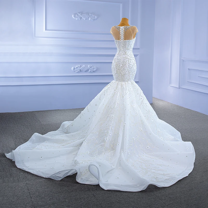 J67296 JANCEMBER Round Neck Transparent Lace Sexy Wedding Dress Luxury Applique Print Pattern Diamond Short Sleeve Fishtail Gown 5