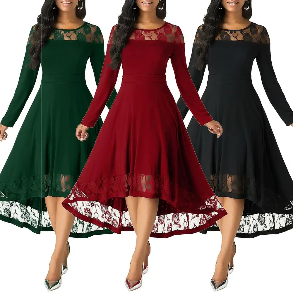 

Women O Neck Long Sleeve Lace Stitching Irregular Hem Large Swing Party Midi Dress