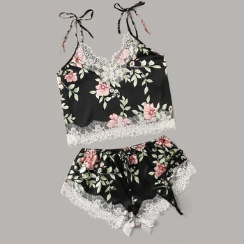 

3PCS Women Tops Shorts Sleepwear Nightwear Pajamas Set Three-piece Set Of Women's Simulation Silk Printed Lace Split Camisole