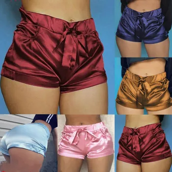 

Hot Fashion Women Pocket Design Shorts Drawstring Bandage Bow Shorts Satin Summer Beach Elastic Slim Short Trousers 5Colors FS