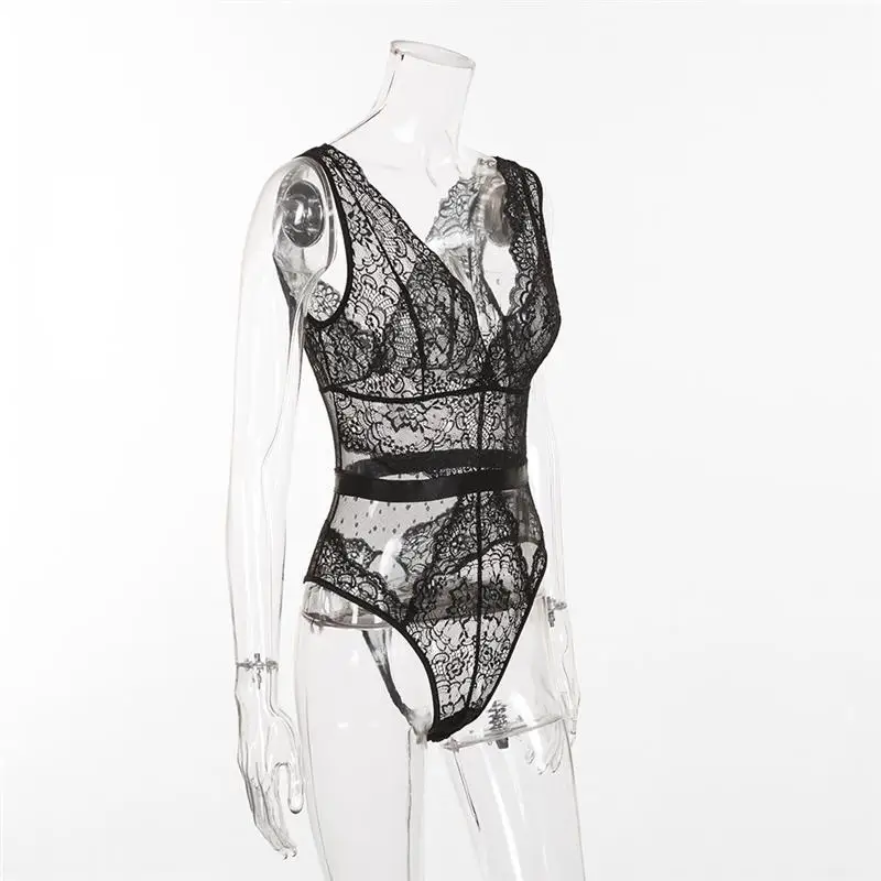 Summer Black Lace Bodysuit Women Floral Embroidery Deep V Neck Sexy Bodysuit Dot Patchwork Jumpsuit Overalls 2020 Femlae Body