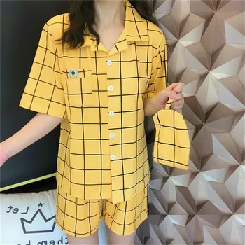 

Women's Pajamas Female Yellow Plaid Pajamas Short Sleeve Cardigan Simple Household Women's Wear 3 Piece Women's Short Pajamas