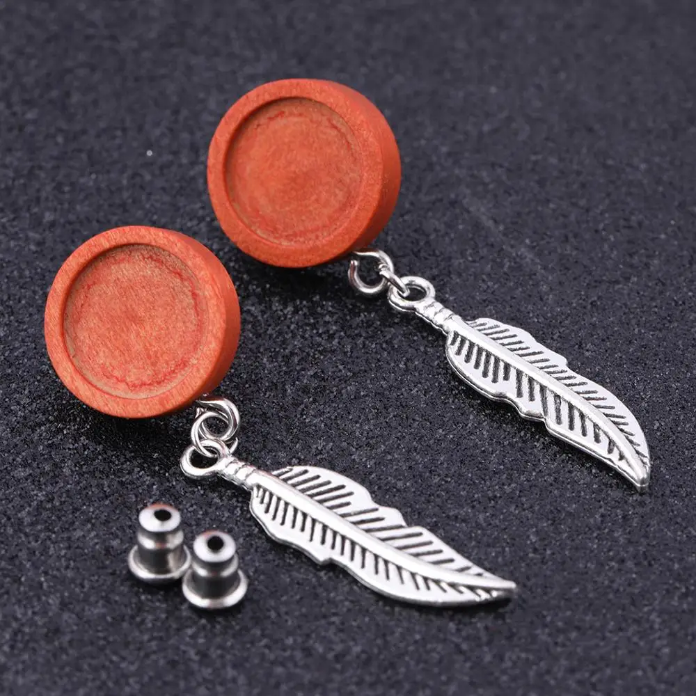 

10pcs stud wood earring base blanks 12mm round cabochon setting trays diy post earrings findings with feather charm for making