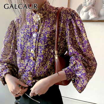 

GALCAUR Vintage Print Shirt For Women Stand Collar Lantern Sleeve Large Size Loose Casual Blouse Female 2020 Fashion Summer New