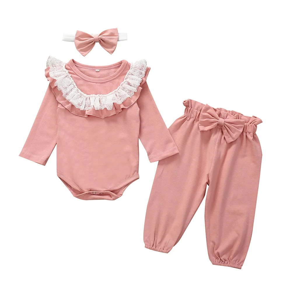 Одежда для новорожденных девочек осень-зима кружевной наряд с оборками с длинным рукавом и О-образным вырезом боди с брюками повязка на голову, Одежда для новорожденных девочек; комплект