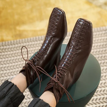

Genuine Leather Winter Newest Lace-Up Women's Ankle Boots Fashion Platform Chunky Heels Pumps Working Prom Shoes Woman