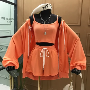 

3 Piece Sets for Women 2020 Summer New Sports Leisure Hooded Sweatshirt + Camisole Top + Shorts Three-Piece Suit Female Clothes