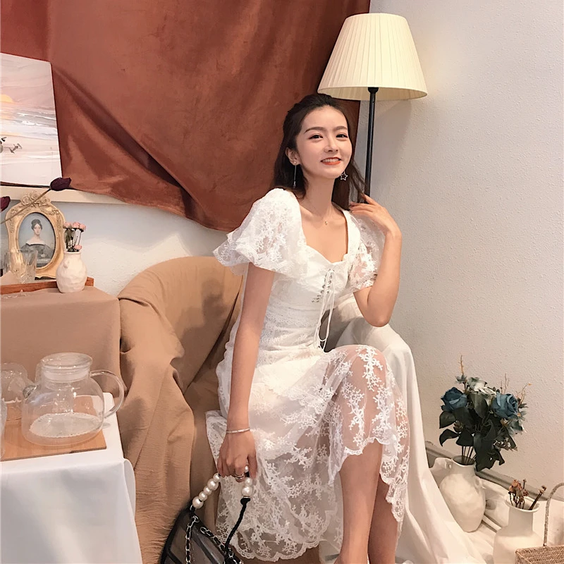 CHICEVER Embroidery Lace Patchwork Womens Dress Square Collar High Waist Short Sleeves Bandage Evening Party Dress Female