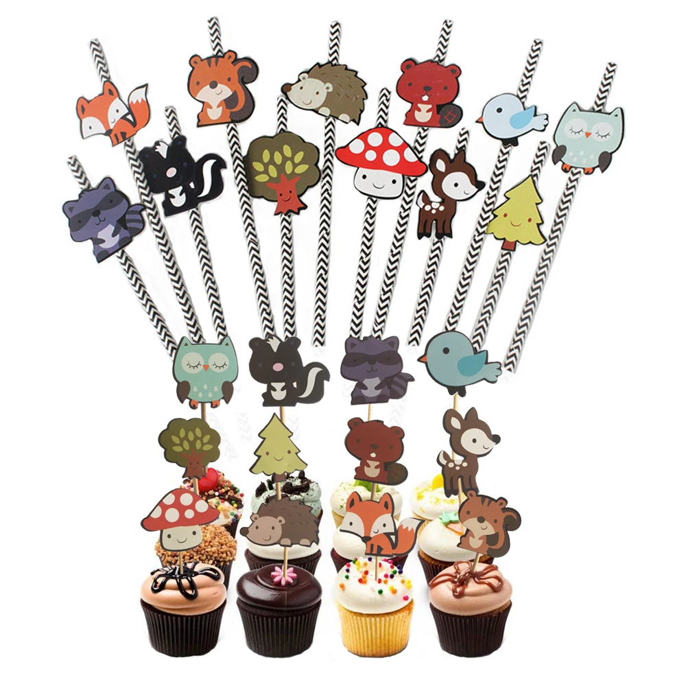 12pcs Fox Squirrel Forest Animal Cake Topper Mushroom Hedgehog Deer Paper Straws Kids Party Birthday Baby Shower Supplies|Одноразовая