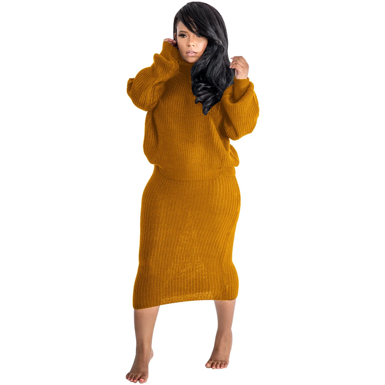 ANJAMANOR трикотажное платье-свитер комплект из 2 предметов, топ с высоким воротником и длинными рукавами и юбка г. Осенне-зимняя одежда одинаковые комплекты D52-BA92 - Цвет: Оранжевый