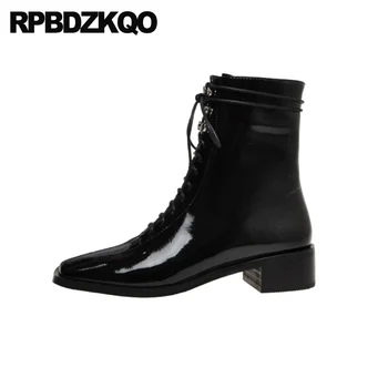 

women lace up autumn square toe designer short 2019 ankle fall high heel military black combat shoes chunky army side zip boots
