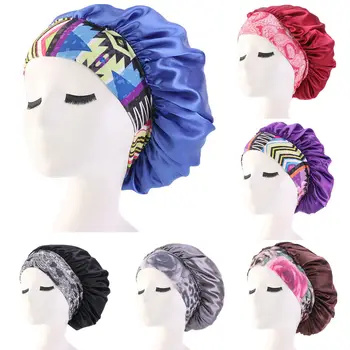 Women Satin Night Beauty Salon Sleep Cap Cover Hair Bonnet Hat Silk Head Wide Elastic Band For Curly Springy Hair Chemo Cap 1