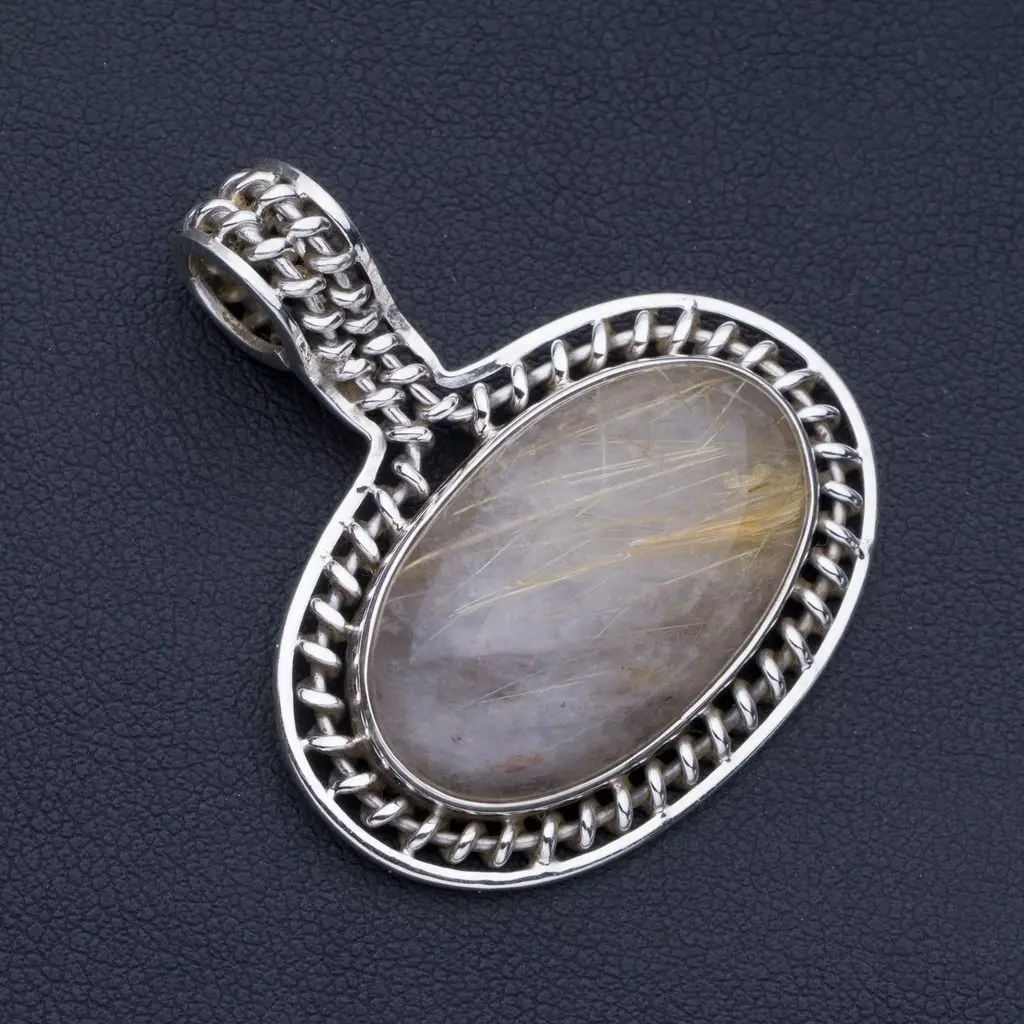 

Natural Golden Rutilated Quartz Punk Style 925 Sterling Silver Pendant 1 1/2" P0715
