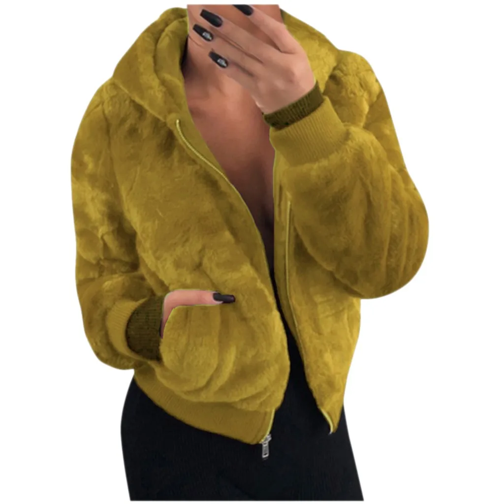 Yellow Пальто из искусственного меха, женская зимняя плюшевая повседневная куртка, зимняя теплая верхняя одежда, женские пальто, пальто с карманами, верхняя одежда, manteau fourrure femme - Цвет: Yellow
