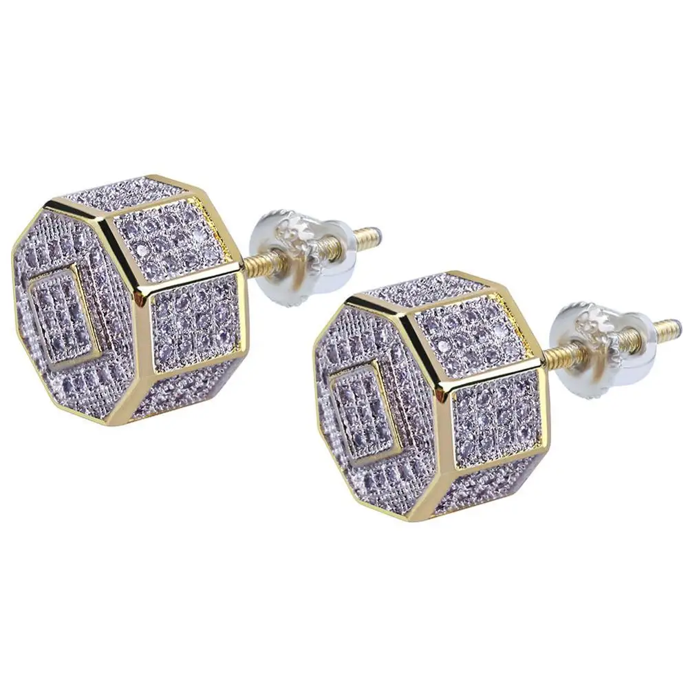 Prong Setting AAA+ Cubic Zirconia Bling Iced Out Gold Geometric Stud Earrings for Men Hip Hop Rappy Jewelry | Украшения и