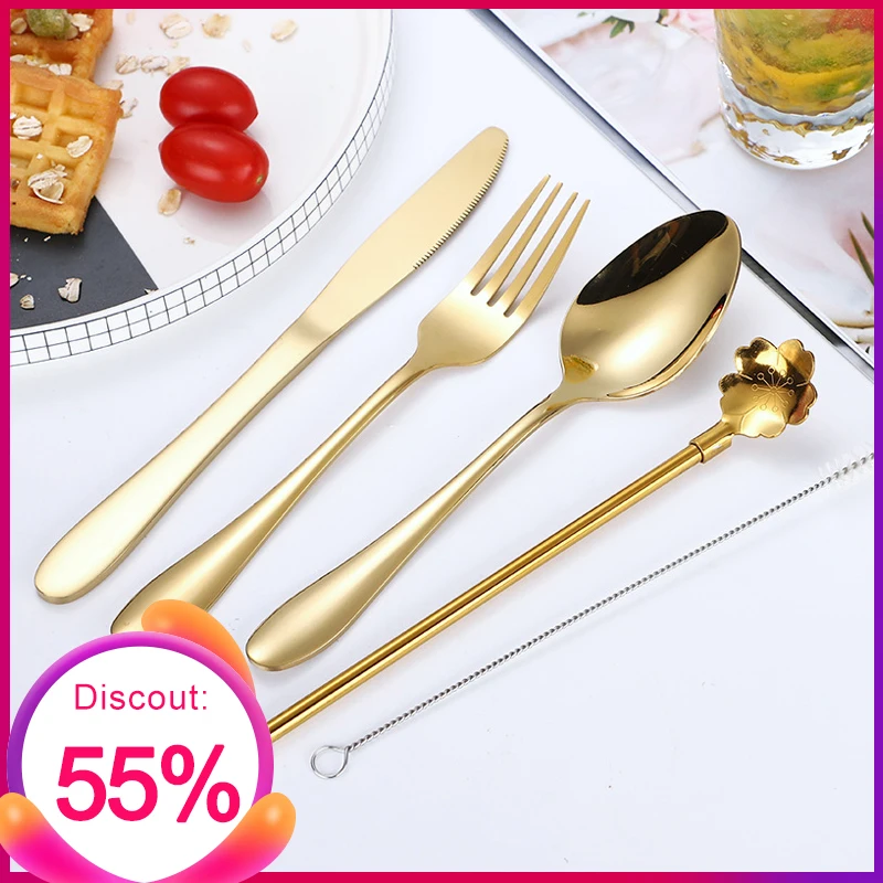 

Flatware Dinnerware Set 304 Stainless Steel Western Tableware Gold Kitchen Spoom Knife and Fork Work Outdoor Travel Cutlery Set