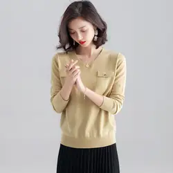 Свободная трикотажная одежда с v-образным вырезом, новая женская одежда, осень и зима 2019, корейский свитер с длинным рукавом и фальшивым