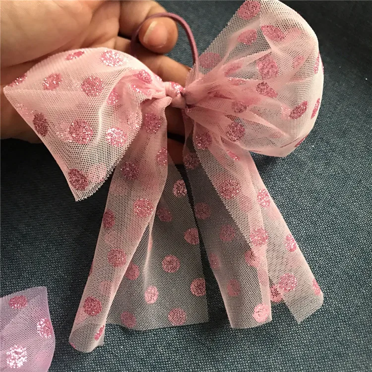 Free shipping sequins mesh bow ribbon Children's hairties girl's rubber band kid's hair bands Ponytail Holder Hair accessories - Цвет: Pink