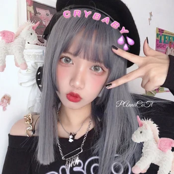 

BUQI Natural Straight Wigs With Bangs Dark Blue Medium Length Synthetic Heat Resistant Fake Hair For Women Cosplay Lolita Party