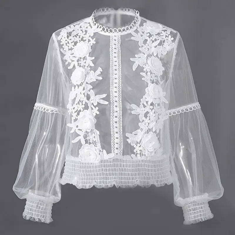 Celmia Women Printed Embroidery White Blouses 2020 Sexy See Through Mesh Sheer Summer Top Casual Lace Long Sleeve Beach Shirts