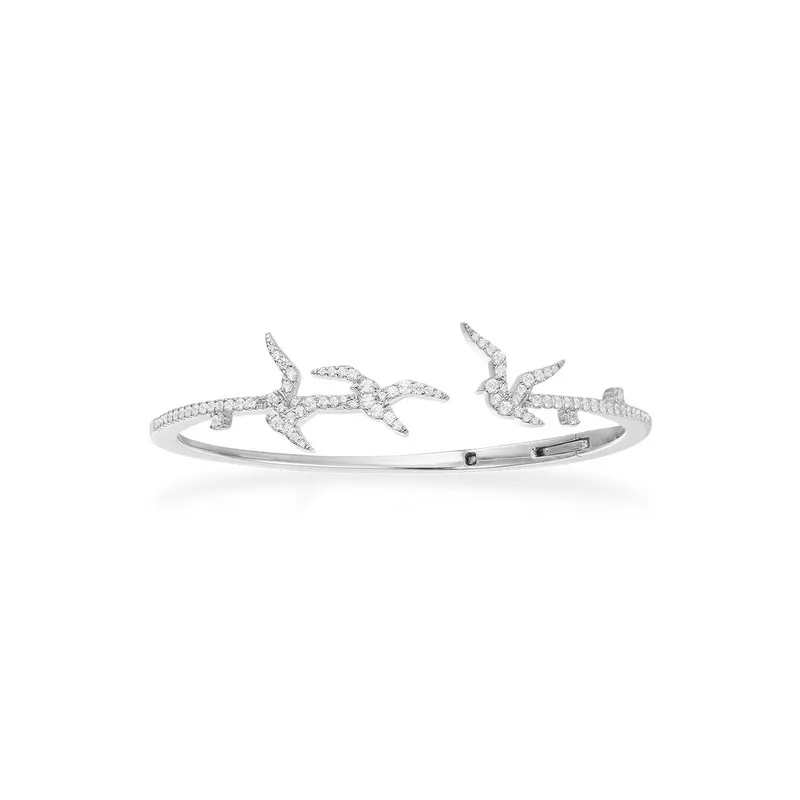 

2019 August luxurious Solid 925 Sterling Silver Swallows Open Cuff Micro Cubic Zirconia Bangle Bracelet Women Brand Jewelry