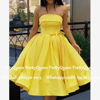 

Yellow Satin Short Bridesmaid Dresses With Sash 2020 A Line Strapless Party Wedding Guest Dress Robe Demoiselle D'honneur