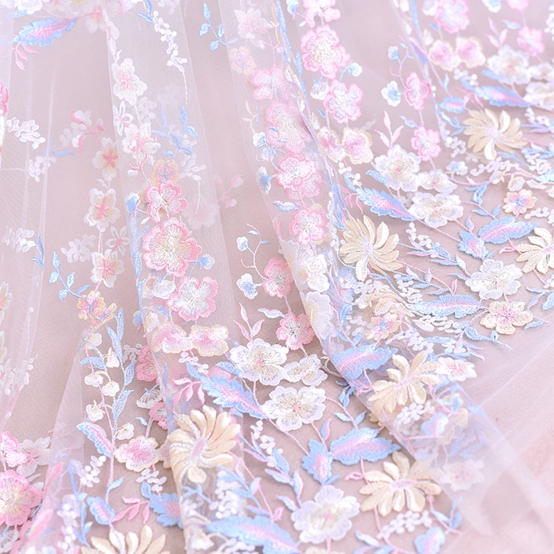 

Soft Pink Flowers Beautiful Colorful Embroidered Lace Fabric Dress Wedding Dress Lace Tulle Fabric, by the Meter