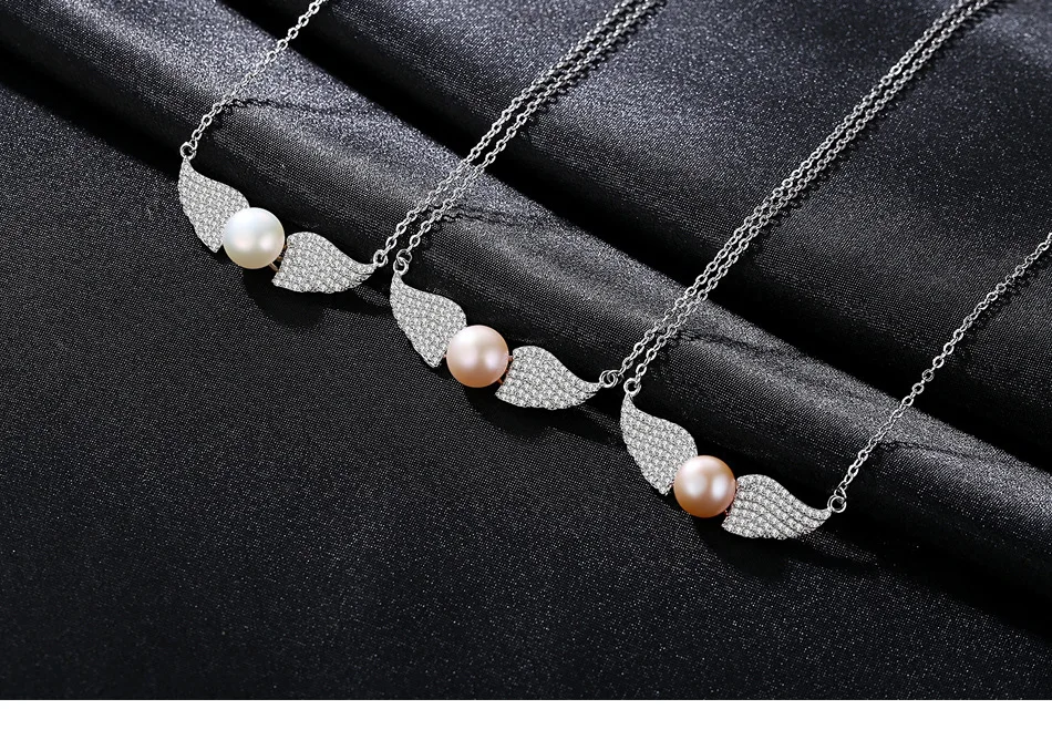 

S925 Wings Sterling Silver Clavicle Chain Natural Freshwater Pearl Pendant Female C12