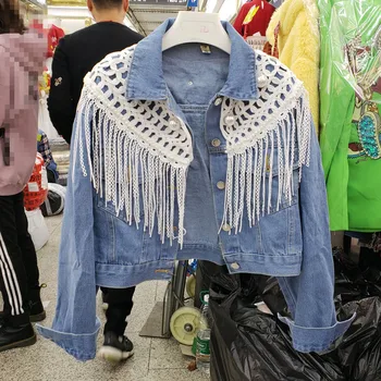 

Harajuku Coat Woman Heavy Industry Pearl Tassel Denim Short Jacke Women's Spring Jeans Jackets Top Fashion Loose Coats Outwear