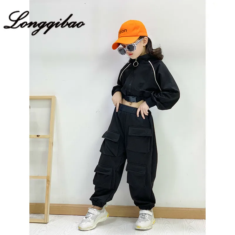 

Baby Girl Tooling Set 2019 Autumn New Children's Stand Collar Exposed Navel Waist Coat Loose Street Dance Beam Pants Two Sets