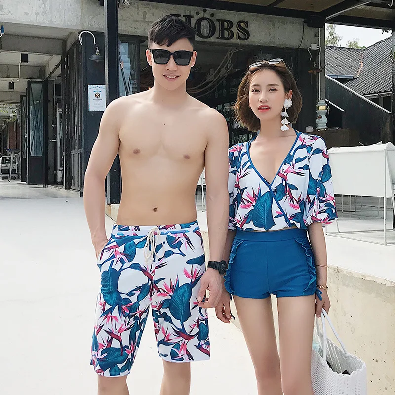 

Seaside Holiday Couples Swimsuit Set Women's Three-piece Set New Style Printed Blouse Boxer Split Type Swimwear MEN'S Beach Shor