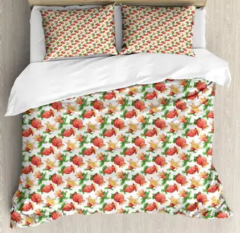 

Plant Watercolor Duvet Cover Set Burgeoning Pomegranate Fruits and Leaves 3 Piece Bedding Set Dark Coral Pastel Brown Fern Green