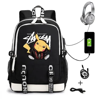 

Pokemon Teenage Girl Backpack for School Large Black USB Back Pack Youth Cute Boys Printing School Bags Big Students Mochila