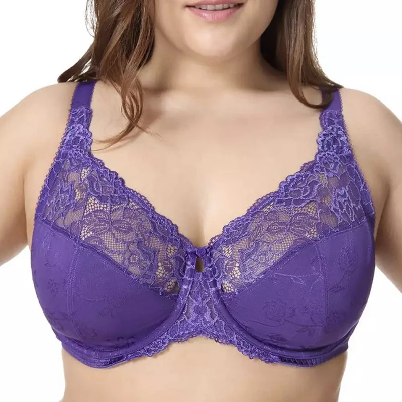 Women's Full Coverage Underwire Non-padded Lace Floral Embroidery Figure Minimizer Bra 34~44 E F G H | Женская одежда