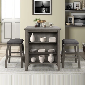 

Kitchen Chair 3 Piece Square Dining Table Modern Grey Dining Kitchen Furnitures With Padded Stools Table Set With Storage Shelf