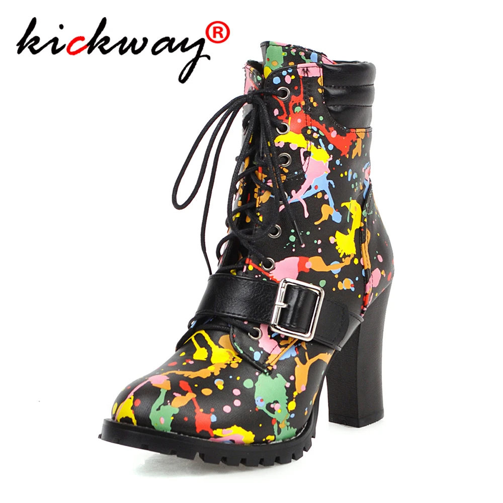

Print Flowers Pu Leather Women Ankle Boots Lace Up Round Toe Footwear Thick High Heels Female Boot Shoes Women 2020 Booties Shoe
